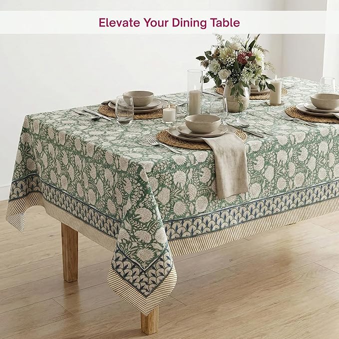ATOSII Jade 100% Cotton Boho Rectangle Summer Tablecloth, Block Print Floral Table Cloth Linen for Dining, Parties, Weddings, Outdoors Table Decor I 60 X 90 Inches I 6 Seater I