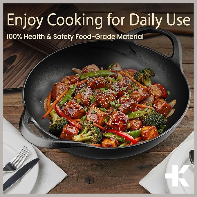 Bakken Pre-Seasoned Cast Iron Wok with Wooden Lid, 14" Stir Fry Pan for Gas, Electric, Induction & Open Fir, Heavy-Duty Flat Bottom Wok with Dual Handles for Even Heating & High-Heat Cooking, 8.8 lbs