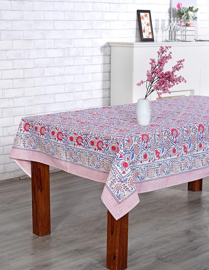 Ridhi Hand Block Print Pigeon Blue Flamingo Pink Rectangle Cotton Tablecloth 140" x 72" Reusable Table Cover Decorative Everyday Use for Dining, Farmhouse, Home Gift for Spring, Easter, Valentine