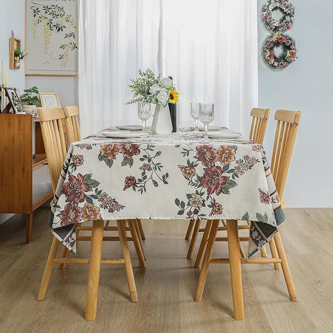 Dimatic Cotton and Linen Rectangular Tablecloth with Botanical Elements for Desks, Dining Tables, Home Table Cloths, Party and Holiday Decorations, Red 55 x 118 Inches