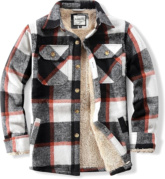 Men's Cotton Sherpa Lined Button Down Flannel Shirt Jacket Plaid Soft Outdoor Flannel Jacket Shirt