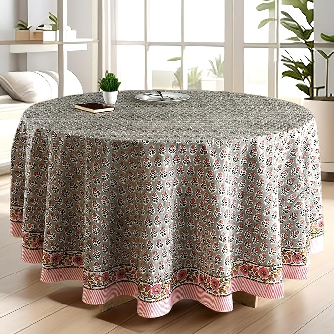 CPC Round Tablecloth- Cotton Indian Block Print Tablecloth -Handmade Printed Washable Cotton Table Cloth - Spring/Summer, Wedding Table Cover - Labra Gray 110 Inches