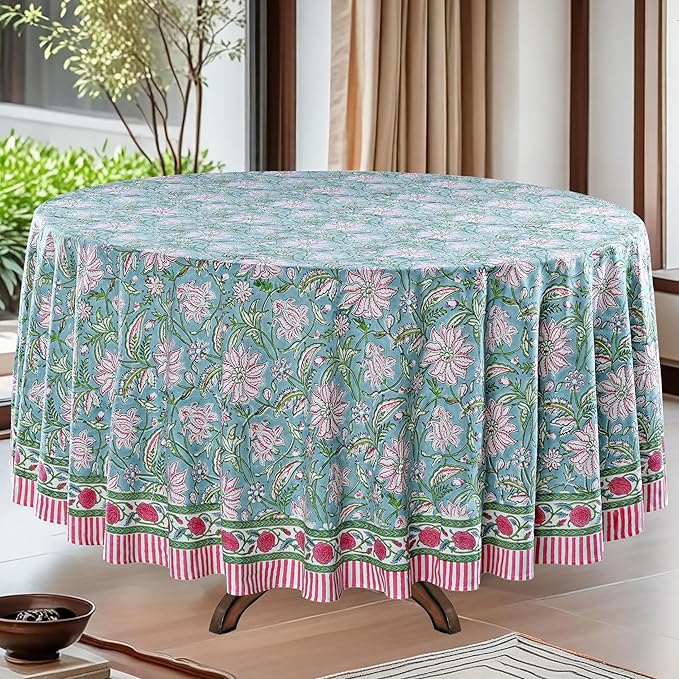 Ridhi Block Print Round Turquoise Blue Reusable Tablecloth 100% Cotton 110" Inch Decorative Table Cover eveyday Dining, Home, Party, Wedding, Farmhouse Gift for Spring, Easter, Valentine