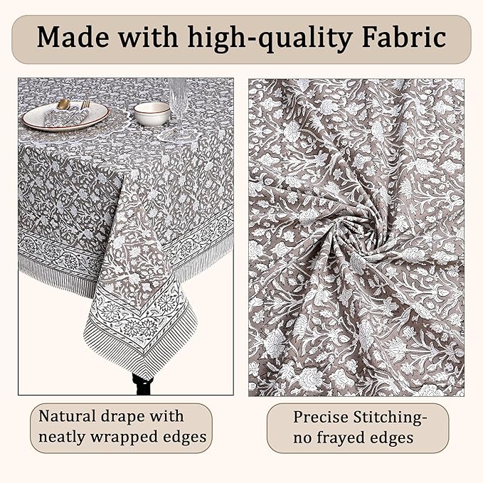 Ridhi Hand Block Print Taupe Rectangle Cotton Tablecloth 118" x 70" Reusable Table Cover Decorative Everyday Use for Dining, Farmhouse, Home Gift for Spring, Easter, Valentine