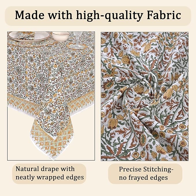 Goldenrod Yellow, Fern Green and Peanut Brown Indian Hand Block Printed 100% Pure Cotton Kitchen Tablecloth Home Decor Table Cloth Dinner Party Gift for Mother's day Her Mom Home Wedding 60x90 Inches