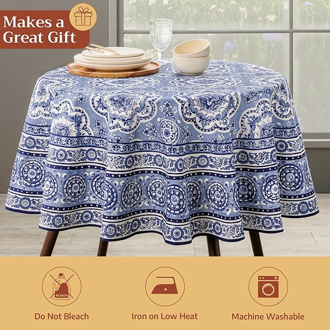 Maison d' Hermine Table Cloth Round Table 100% Cotton 63 Round Inches Tablecloth Reusable Decorative for Dining Room Farmhouse Home Valentines Day Decorations Spring Summer - Melodie Bleue
