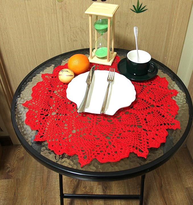 BIBITIME Lace Tablecloth Doily Handmade Crochet Placemat Women Vase Mat Kitchen Table Runner (2PCS- 18 in to 20 in, Red)