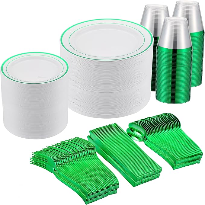 300PCS Green Dinnerware Set, 50 Guests White and Green Plastic Plates, Fancy Plastic Plate-50 Dinner Platos, 50 Dessert Platos, 50 Silverware Set, 50 Cups for Party Wedding