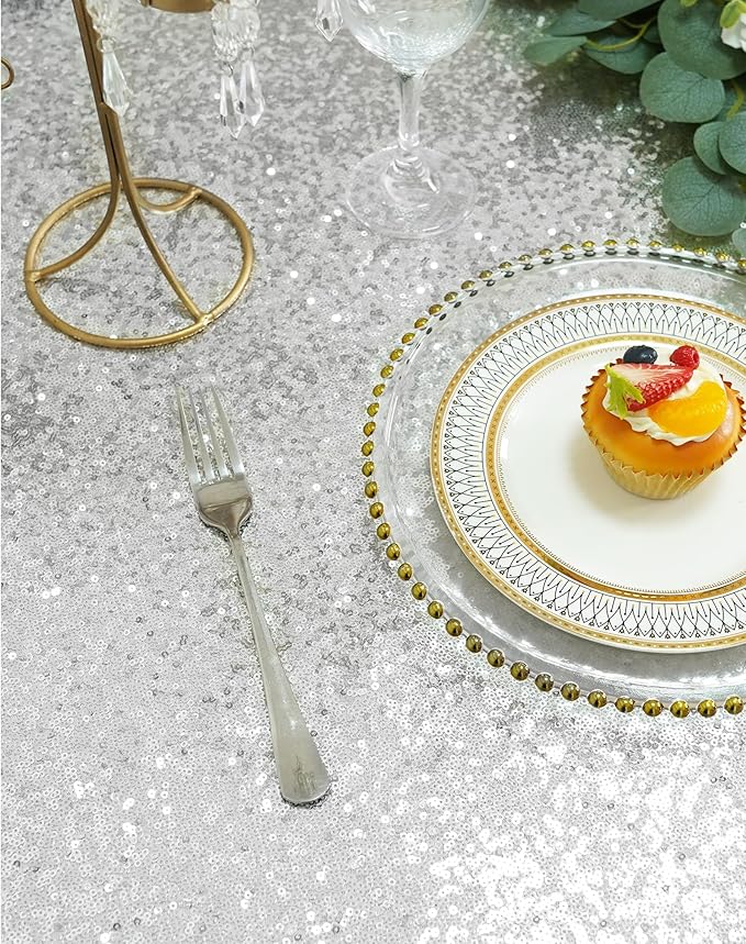 Eternal Beauty Silver Tablecloth, 120 Inch Round Sequin Tablecloth for Party Cake Dessert Table Exhibition Events