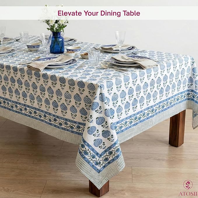 ATOSII Roma Blue 100% Cotton Boho Rectangle Fall Tablecloth, Handblock Floral Print Table Linen for Kitchen Dining I Parties, Outdoors, Weddings, Christmas, Thanksgiving I 72 X 120 Inches I 10 Seater