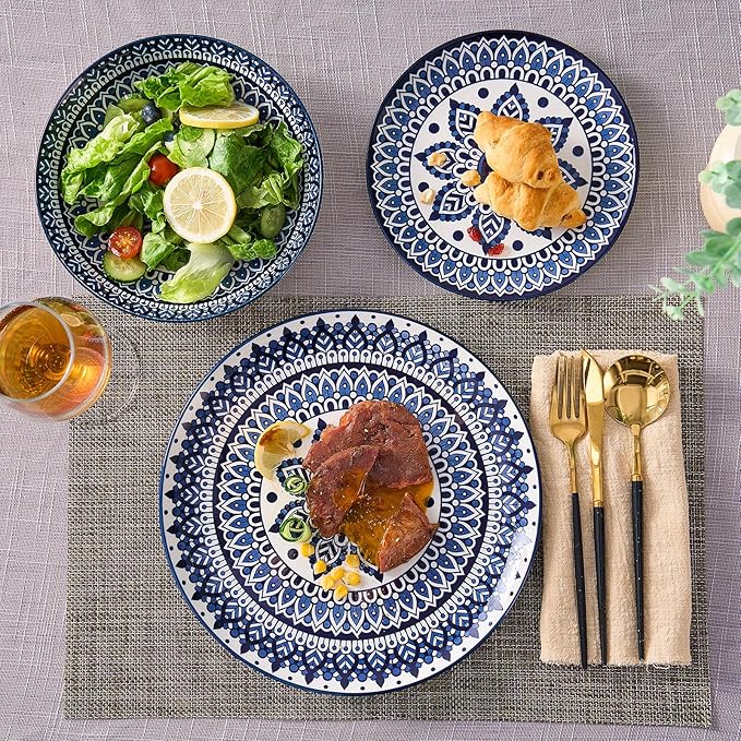 Bestone 12-Piece Round Porcelain Dinnerware Set, Service for 4, Chip Resistant Plates and Bowls,Blue, Dishwasher & Microwave Safe for Home Daily Use