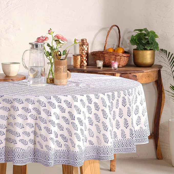 Hand Block Printed Table Cover - Exquisite Design, Premium Cotton Fabric, Perfect for Dining and Decor, Dining Table Linen (Blue Buti, 6 Seater 72 Inches Round)