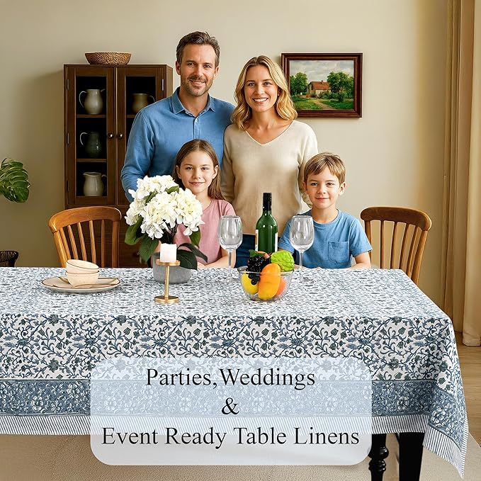 CPC Ocean Vine Tablecloth 100% Cotton 72x160 Inch Indian Block Print Rectangle Table Cover, Table Cloth for Gifting in Weddings, Halloween, Fall, Christmas, Thanksgiving