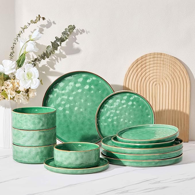 Herogo 12 Pieces Dinnerware Dish Sets for 4, Plates and Bowls Sets for Home Kitchen, Ceramic Dining Dishware, Dishwasher & Microwave Safe, Gemstone Green