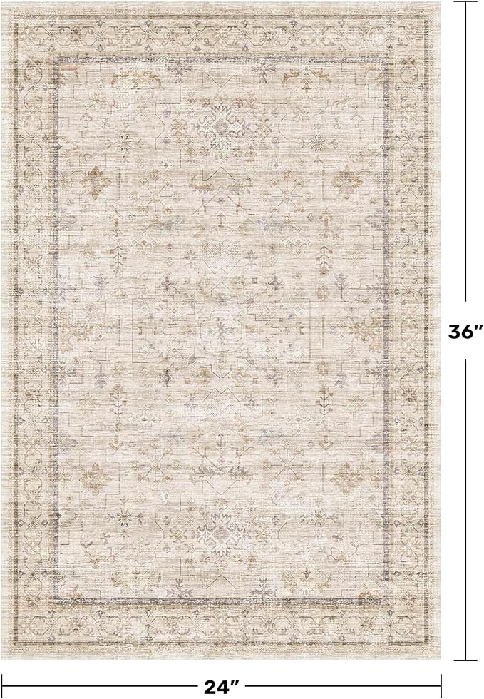 Farmhouse Bathroom Rug 2x3 Beige, Machine Washable Small Non Slip Indoor Entryway Area Rug, Low Pile Thin Neutral Vintage Design for Bedside, Kitchen