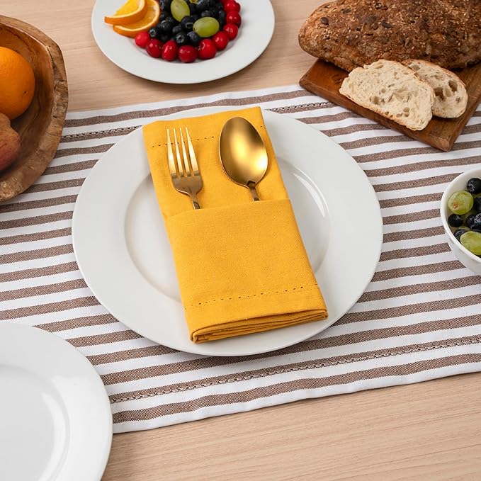 Blue Needles Set of 12 Hemstitch Linen Napkins 100% Cotton Golden Yellow Cloth Dinner Napkins 18x18 inches, Soft Reusable Absorbent Washable, Ideal for Wedding Events, Parties & Everyday Use
