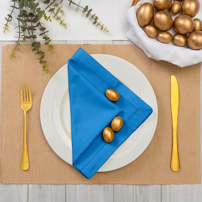 Blue Needles Set of 12 Hemstitch Linen Napkins 100% Cotton Royal Blue Cloth Dinner Napkins 18x18 inches, Soft, Reusable, Absorbent, Washable, Ideal for Wedding Events, Parties & Everyday Use
