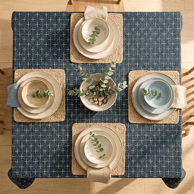 Horaldaily Navy Blue Rectangular Table Cloth, Cross-Star Solid Textured Embroidery Tablecloth, Wrinkle Free Washable 60×104 Inch Table Cover for Kitchen, Party, Wedding, Picnic, Outdoor