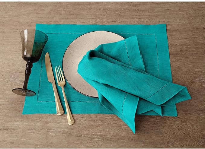 Solino Home Linen Placemats Set of 4 - Classic Hemstitch Teal Placemats 14 x 19 Inch - 100% Pure Linen Table Mats
