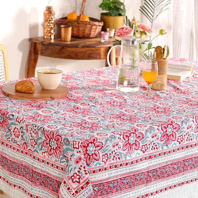Hand Block Printed Table Cover - Exquisite Design, Premium Cotton Fabric, Perfect for Dining and Decor, Dining Table Linen (Scarlet Garden Grace, 12 Seater 72 x 135 Inches Rectangle)