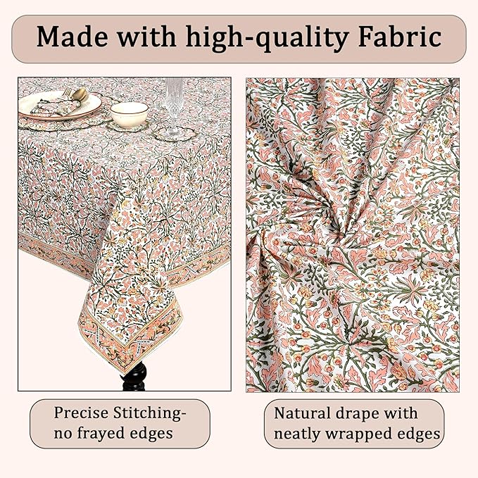 Ridhi Sassy Salmon and Emerald Green Hand Block Print Cotton Cloth Dinning Table Cover Wedding Farmhouse Thanksgiving Christmas Spring Fall Tablecloth 4 Seater 60x60 Inches Square