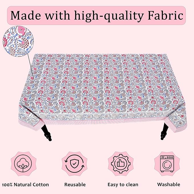 Ridhi Hand Block Print Pigeon Blue Flamingo Pink Rectangle Cotton Tablecloth 90" x 60" Reusable Table Cover Decorative Everyday Use for Dining, Farmhouse, Home Gift for Spring, Easter, Valentine
