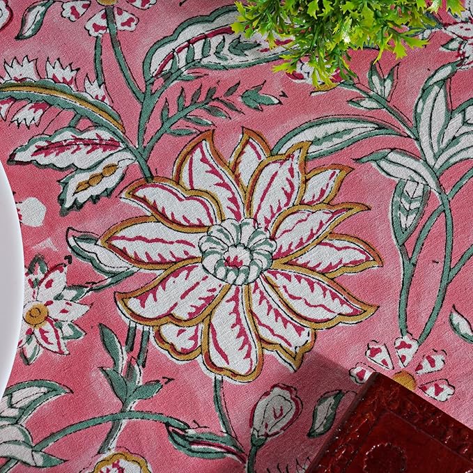 Ridhi Block Print Round Candy Pink Reusable Tablecloth 100% Cotton 120" Inch Decorative Table Cover eveyday Dining, Home, Party, Wedding, Farmhouse Gift for Spring, Easter, Valentine
