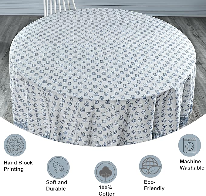 Ridhi Block Print Round Sky Beau Blue Reusable Tablecloth 100% Cotton 110" Inch Decorative Table Cover eveyday Dining, Home, Party, Wedding, Farmhouse Gift for Spring, Easter, Valentine