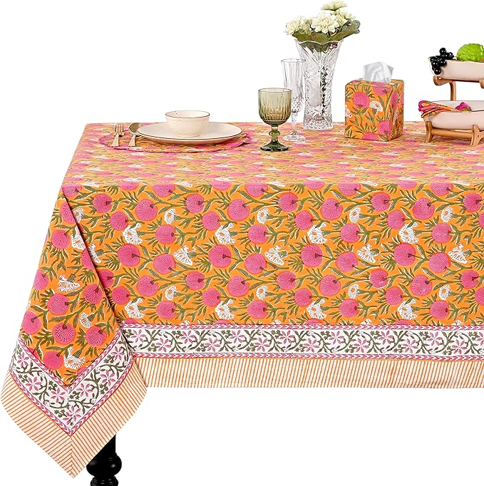 Ridhi Hand Block Print Bubblegum Pink Rectangle Cotton Tablecloth 160" x 72" Reusable Table Cover Decorative Everyday Use for Dining, Farmhouse, Home Gift for Spring, Easter, Valentine