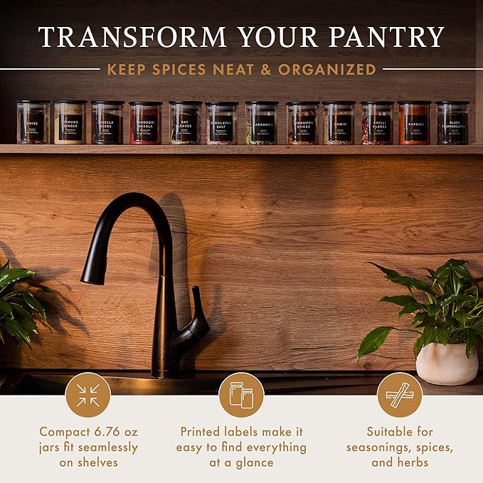 Glass Spice Jars with Labels-12 Pack- 6.8oz- 360 Labels- Spice Containers Bamboo Lids -Spices Organization for Cabinet-Drawer-Rack-Seasoning containers-herbs- Organizer-Spices Bottles-Black
