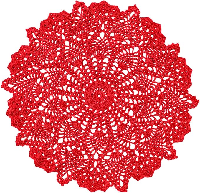 BIBITIME Lace Tablecloth Doily Handmade Crochet Placemat Women Vase Mat Kitchen Table Runner (2PCS- 18 in to 20 in, Red)
