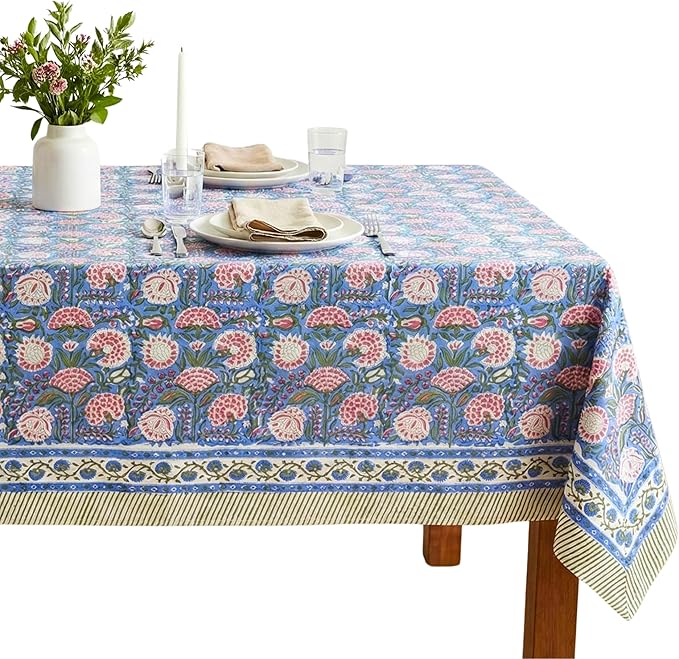 ATOSII Clover Pink 100% Cotton Fall Tablecloth, Handblock Print Rectangle Table Cover for Kitchen Dining Linen I Parties, Weddings, Outdoors, Easter Table Cloth Decor 60 X 108 Inches I 8 Seater