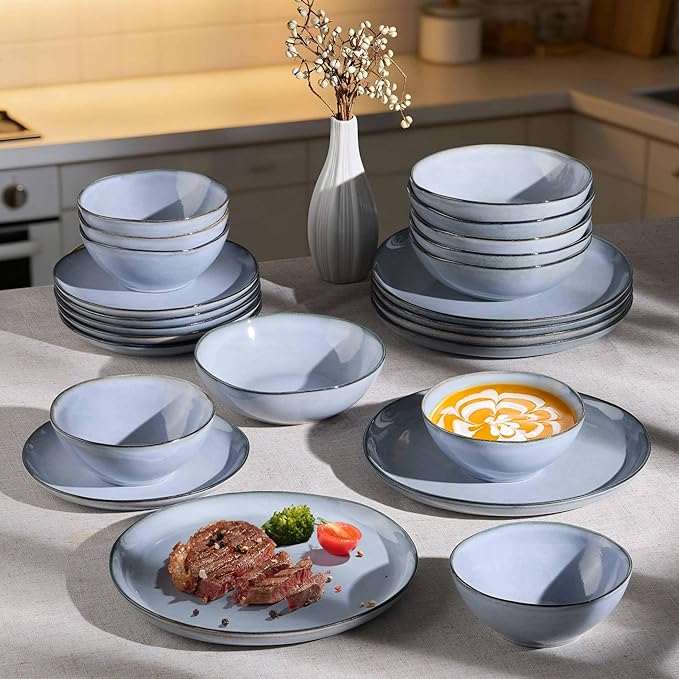 Herogo 24 Piece Dinnerware Dishes Sets for 8, Stoneware Plates and Bowls Dinner Set, Irregular Handmade Dishware Tableware for Home Kitchen, Microwave & Dishwasher Safe, Smoky Blue