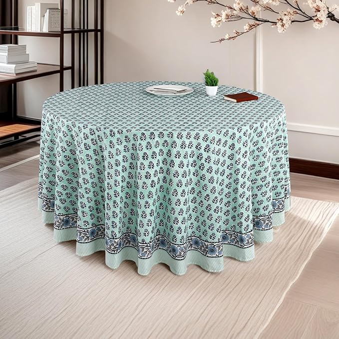 CPC Round Tablecloth- Cotton Indian Block Print Tablecloth -Handmade Printed Washable Cotton Table Cloth - Fall/Winter, Wedding Table Cover - Poppy Blue 60 Inches