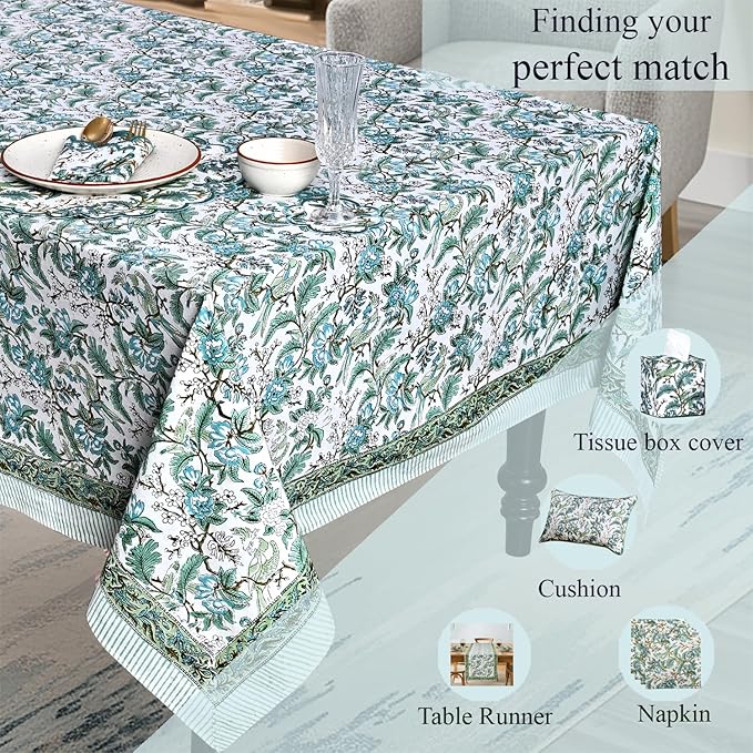 Ridhi Hand Block Print Sage Russian Green Rectangle Cotton Tablecloth 190" x 72" Reusable Table Cover Decorative Everyday Use for Dining, Farmhouse, Home Gift for Spring, Easter, Valentine