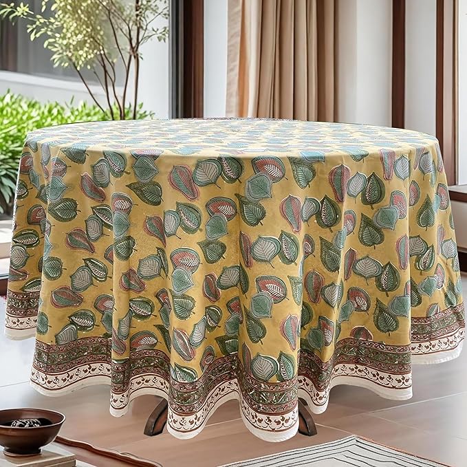 Ridhi Block Print Round Latte Yellow Reusable Tablecloth 100% Cotton 110" Inch Decorative Table Cover eveyday Dining, Home, Party, Wedding, Farmhouse Gift for Spring, Easter, Valentine