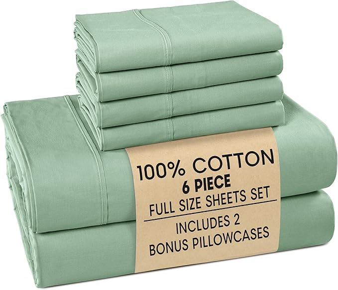 Casa Platino Full Bed Sheets – 100% Cotton Sheets with 4 Pillowcases, Crisp Percale Weave & Cozy Feel, Cooling & Breathable Full Sheet Set with 15" Deep Pocket, Excellent Quality & Fit – Sage Green