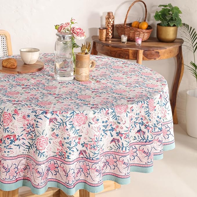 Hand Block Printed Cotton Tablecloth – Elegant Floral Design Perfect for Dining Table Kitchen Parties Home Decor, Wall Tapestry (Salmon Pink, 8 Seater 90 Inches Round)