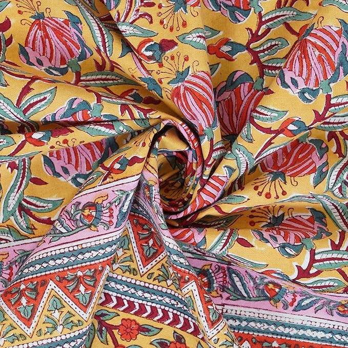 Handblock Print Cotton Tablecloth – 60x90 Rectangular Table Cover 6 Seats – Indian Block Printed Floral Dining Table Linen – Boho Washable Cloth for Kitchen, Party, Outdoor, Yellow