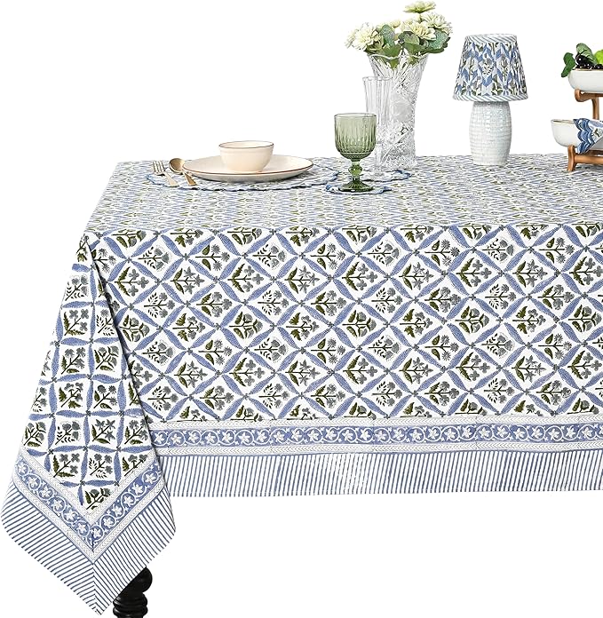 Ridhi Hand Block Print Light Steel Blue Rectangle Cotton Tablecloth 160" x 72" Reusable Table Cover Decorative Everyday Use for Dining, Farmhouse, Home Gift for Spring, Easter, Valentine