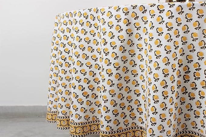 Ridhi Block Print Round Vintage Yellow Reusable Tablecloth 100% Cotton 60" Inch Decorative Table Cover eveyday Dining, Home, Party, Wedding, Farmhouse Gift for Spring, Easter, Valentine