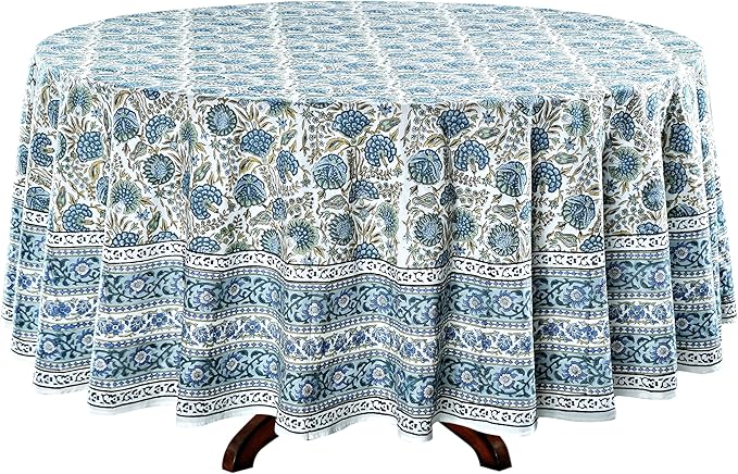 Ridhi Block Print Round Asparagus Green Reusable Tablecloth 100% Cotton 60" Inch Decorative Table Cover eveyday Dining, Home, Party, Wedding, Farmhouse Gift for Spring, Easter, Valentine