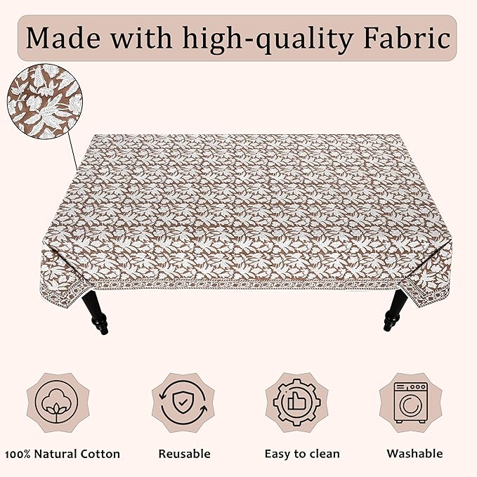 Ridhi Hand Block Print Oak Brown Square Cotton Tablecloth 60" x 60" Reusable Table Cover Decorative Everyday Use for Dining, Farmhouse, Home Gift for Spring, Easter, Valentine