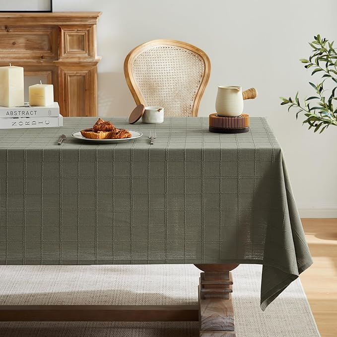 ZeeMart Linen Checked Table Cloth, Farmhouse Style Plaid Embroidered Green Tablecloth, Water Resistant Square Table Cloth, Olive 52x52 Inches