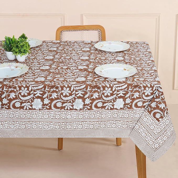 Handblock Print Cotton Tablecloth – 70×130 Rectangular Table Cover Seats 8-10 – Indian Block Printed Floral Dining Table Linen – Boho Washable Cloth for Kitchen, Party, Outdoor, Dark Brown