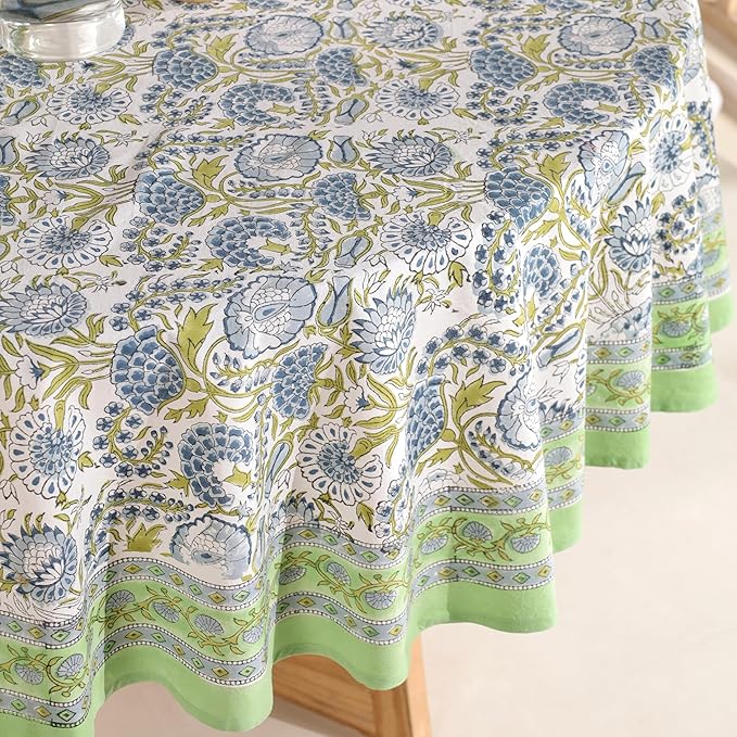 Hand Block Printed Table Cover - Exquisite Design, Premium Cotton Fabric, Perfect for Dining and Decor, Dining Table Linen(Moss Green,6 Seater 72 Inches Round)