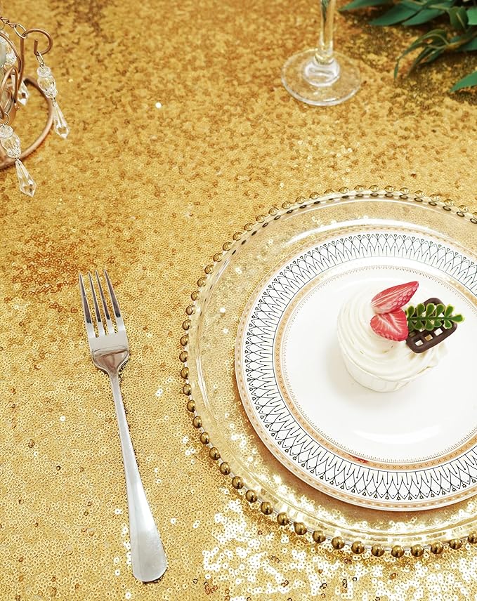 Eternal Beauty Gold Tablecloth, 50x50 Inch Sequin Square Table Cover for Valentines Cake Dessert Exhibition Party Birthday Events