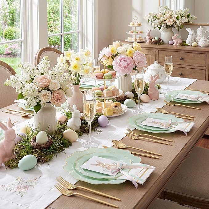 WDF 175Pcs Sage Green Plastic Plates With Gold Rim - Disposable Sage Green Plates 25guest Disposable Dinnerware Ideal for Party/Wedding/Spring Party/Easter