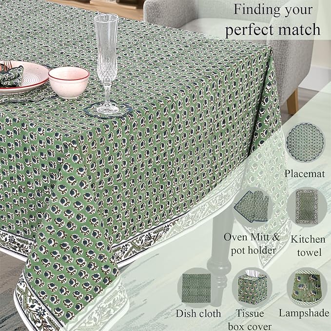 Ridhi Hand Block Print Basil Green Rectangle Cotton Tablecloth 190" x 72" Reusable Table Cover Decorative Everyday Use for Dining, Farmhouse, Home Gift for Spring, Easter, Valentine