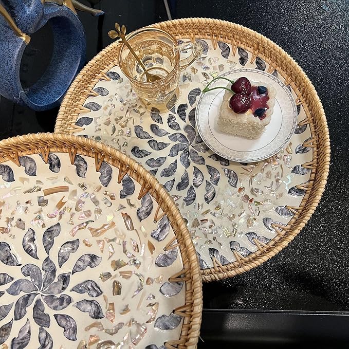 Rattan Serving Tray with Mother of Pearl, Round Coffee Table Tray Decor, Round Wicker Tray, Boho Decorative Tray, Woven Tray (Lucky Flower, 12" & 14")